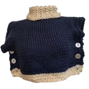 Hand Knit Dark Blue and Cream Button Down Child’s Poncho